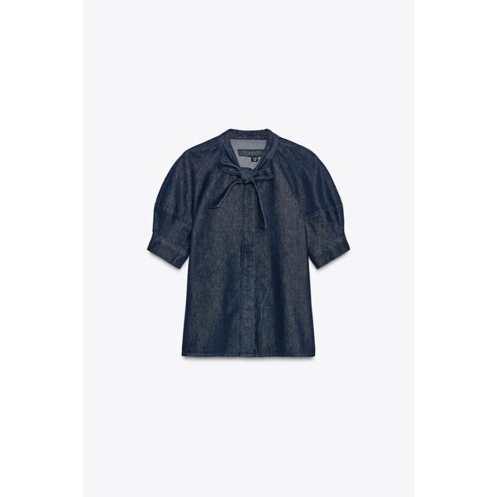 Zara Dark Denim Short Sleeve Tie-Neck Blouse - Picture 5 of 16